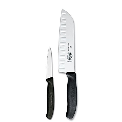 Image of Victorinox Swiss Classic 2-Piece Kitchen Starter Set, 7" Santoku Knife and 3.25" Serrated Paring Knife, Black