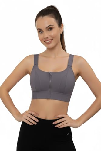 Image of GLAMORAS Women Poly Spandex Padded High Impact Front Zip Compression Sports Bra Criss Cross Back Adjustable Velcro Strap at Band & Shoulder for Gym, Yoga, Running, Fitness & Workout - Size: M-4XL