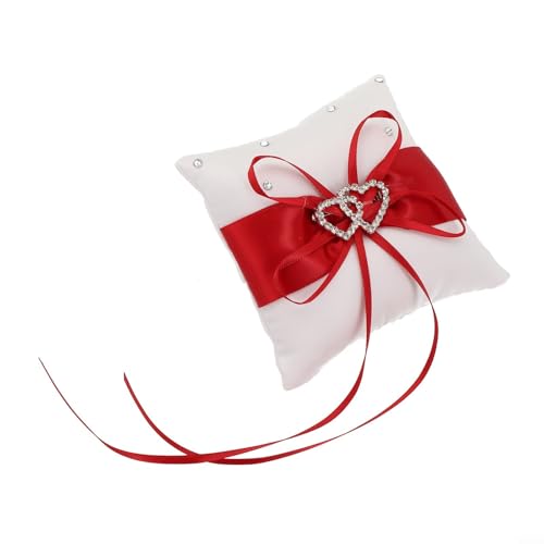 Cuscino porta anelli in raso per cerimonia nuziale con cuore strass design per sposa e sposo elegante cuscino bianco per fidanzamento o ricevimento decorazione include cinturino posteriore (rosso)
