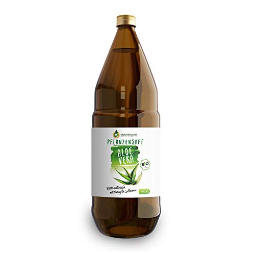 Kräuterland - Bio Aloe Vera Pflanzensaft 1L - 1200mg Aloverose Gehalt - 100% rein, handfiltriert, vegan, naturtrüb - Direktsaft aus Mexiko in Glasflasche