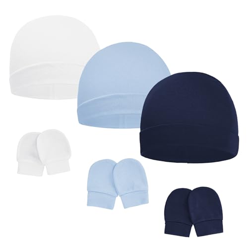 Image of American Trends Baby Beanies for Boys Girls Newborn Infant Hat with Mittens Cute Cotton Hospital Hats for 0-6 Months