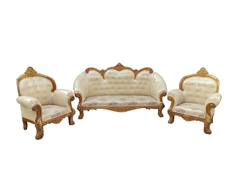 Image of Wooden 5 Seater Sofa Set | 3+1+1 Solid Wood Hand-Carved White Sofa | Traditional Design Furniture for Living Room | Home | Office Seating