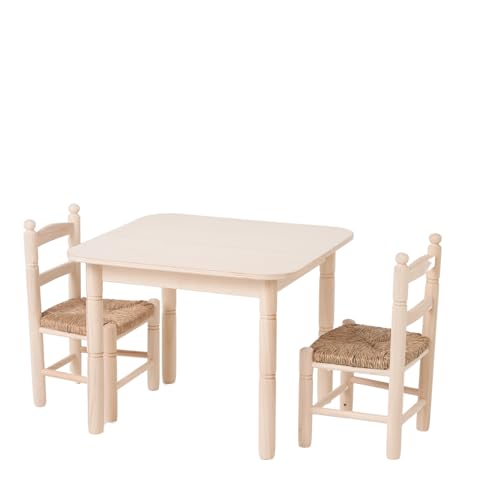 Cesteria Aparici - Pack Mesa y 2 Sillas Infantil de Madera Natural (60x60cm). Conjunto de Juego, Estudio y Manualidades. Diseño Compacto y Ergonómico. (Pack Mesa y 2 Sillas)