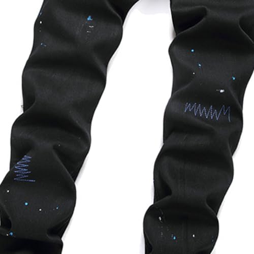 Men's Black Ripped Jeans Basic Plain Straight Men's Jeans, Embroidery Ripped Patchtrendy Stretch Slim Fit Pants,304