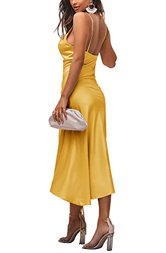 Image of LYANER Women's Satin Spaghetti Straps Cowl Neck Sexy Ruch Cocktail Midi Dresses