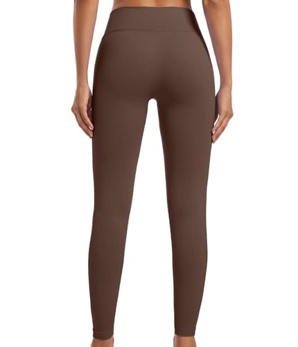 YOAKUKA Yoga Ribbed Leggings for Women High Waisted Tummy Control Seamless Butt Lifting Crossover Workout Gym Athletic Pants, Coffee, M - Image 7