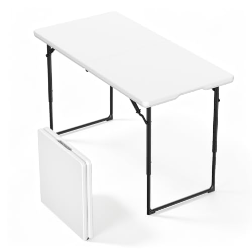 Image of Folding Table, 4 Foot Folding Picnic Table with Adjustable Height, Heavy Duty Folding Portable Table for Weddings, Camping, RV Travel, Parties, BBQs and Indoor Use, Easy to Fold and