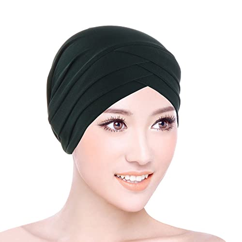 DAZISEN Turbans Doux pour Femmes - Mode Musulman Turban Bonnet de Nuit Chapeaux Bandeau Foulard Chapeau de Sommeil pour Cancer, Perte de Cheveux, Vert foncé Cover