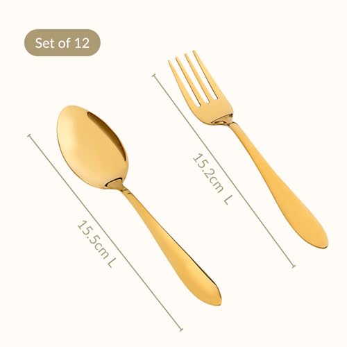 Image of Nestasia Stainless Steel 12 Piece Cutlery Set for Dining Table - Rust & Stain Resistant 6 Spoons & 6 Forks with Glossy Finish | Gold PVD-Coated Flatware Set for Home, Kitchen & Gifting