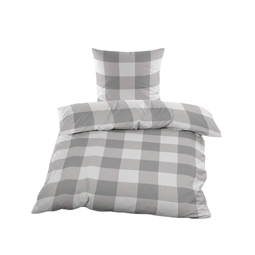 Julido Micro Fleece Bettwäsche Set 135x200cm 2 teilig mit Reißverschluss Kuschlige Winterbettwäsche Karo grau weiß