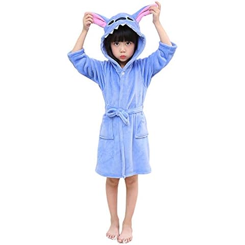 YAOMEI Kids Dressing Gowns Bathrobe 3D Unicorn Hood, Girls Boys Fleece Soft Kigurumi Cartoon Morning Housecoat Nightwear Pyjamas Pockets (140 for Kids Height 130-140CM (51"-55"), Stitch) Cover