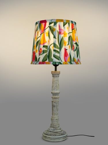 Image of Green Girgit Wooden Distress White Empire Lamp with Pleeted Multicolor Yellow Leaves Lamp Shade
