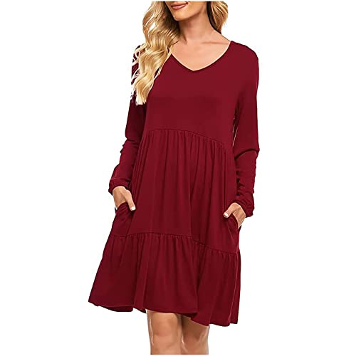 Y56 075 Einfarbiges Damenkleid mit Langen Ärmeln und V-Krawatte 3/4...