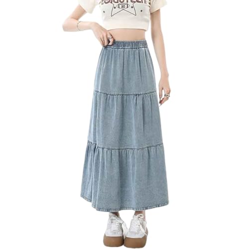 Women's casual denim long skirt with elastic waist A-line skirt, fashionable loose fitting long skirt