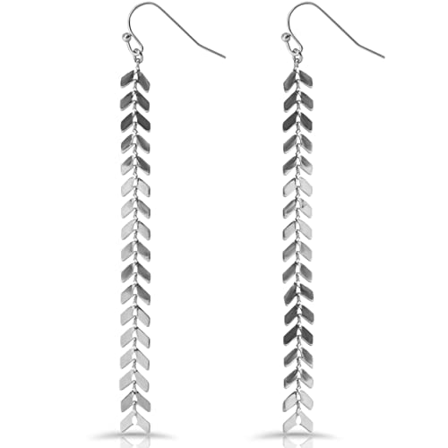 Humble Chic Long Silver Tone Earrings for Women - Chevron Dangling Earrings for Women, Dainty Hanging Statement Drop, Dangly Silver Tone Tassel Dangles, Lightweight Boho Simple Western Jewelry
