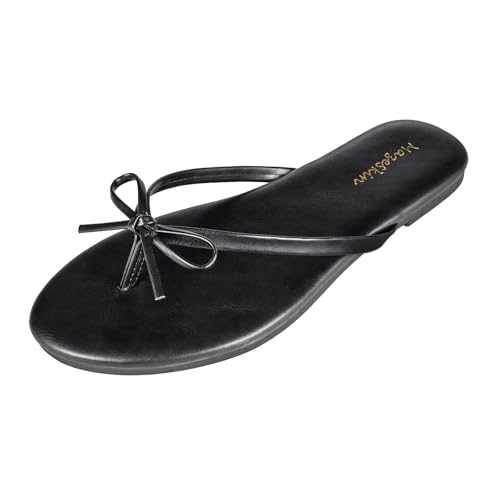 mazeskin Womens Bow Flip Flips Memory Foam Vegan Leather Summer Cute Thong Flat Sandals for Beach,Dressy Slides Shoes,Black US8