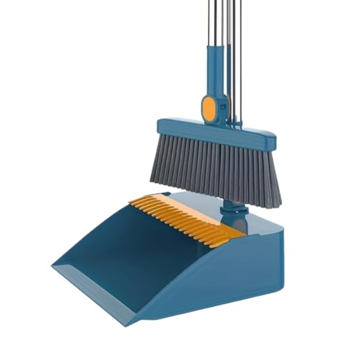 2-in-1 Broom with Dustpan Combo Set Long Handle Broom Dustpan Combo with Dustpan Teeth to Automatically Clean Hair for Home Indoor or Outdoor Cleaning Hall Floor (Blue)