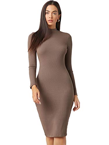 Verdusa Women s Mock Neck Long Sleeve Rib Knit Midi Bodycon Pencil Dress Coffee L