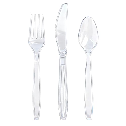 QualQuot 120 Count Heavy Duty Clear Plastic Silverware, 40 Forks, 40 Spoons, 40 Knives, BPA-Free and Heat Resistant, Disposable Cutlery set, Premium Clear Utencils for Party and Daily Use