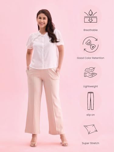 Image of GO COLORS Stretch Rayon Blend Ponte Wide Pants Full Length for Women| Breathable, High Rise