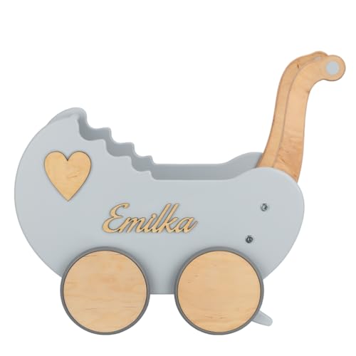 Puppenwagen ab 1 Jahr - Individuell mit Namen - Handgefertigter Puppenwagen - Holzpuppenwagen - Sicher Abgerundete Kanten - Ausdrucksstarke und Schöne Farben (Grau)