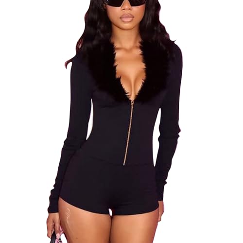 YOUFE Womens Sexy Faux Fur Romper Deep V Neck Buckle Long Sleeve Shorts Jumpsuit Y2K Bodycon Club Outfit Going Out