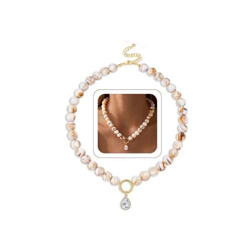Turandoss White Beaded Necklace for Women, CZ Pendant Choker - image 1