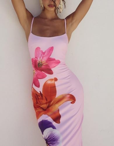 Image of Womens Summer Casual Floral Dresses Spaghetti Strap Bodycon Maxi Beach Dress Elegant Evening Party Long Dresses (US, Alpha, Small, Regular, Regular, Pink Pink)