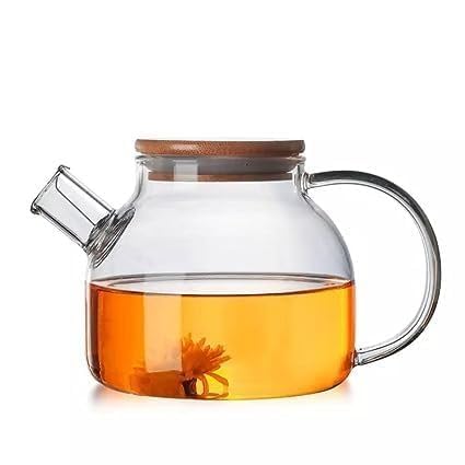 Image of Glass Teapot with Bamboo Lid Stovetop & Microwave Safe Kettle, Borosilicate Teapot with Removable Filter Spout for Loose Leaf and Blooming Tea and Fruit Tea 1000ml (Wooden Lid Kettle)