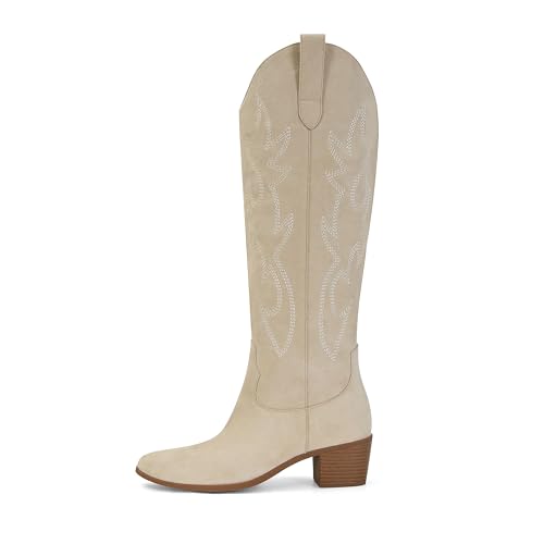 Image of STALOV Cowboy Boots for Women Pull On Chunky Heel Boots Knee High Cowgirl Boots Western Pointed Toe Boots Embroidered Suede Boots