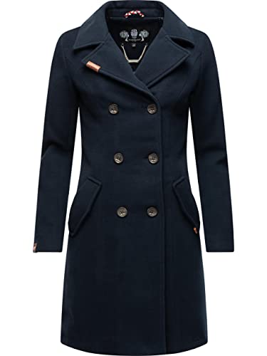 MARIKOO Damen Mantel in Wollmantel-Optik Langer Trenchcoat mit Reversekragen Nanakoo Navy Gr. XL