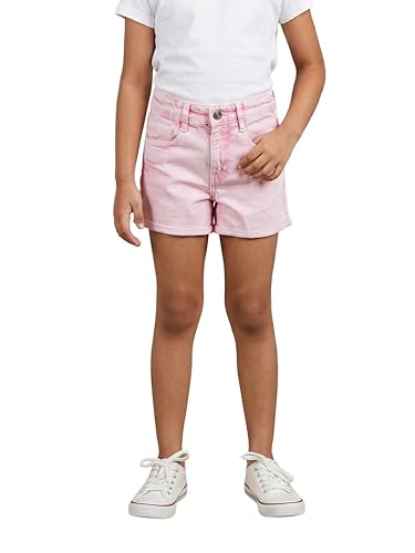 Image of KiddoPanti Girls Tight Length Rollup Denim Shorts with Lavender and Pink 3D Crochet Flowers