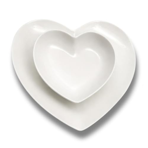LEONARDO LUXURY HOME DESIGN Set 2 Piatti Love Un Piatto Piano Un Piatto Fondo Porcellana Bianca a Cuore Servizio Romantico San Valentino Idea Regalo