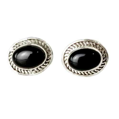 Onyx noir boucle d'oreille puce argent 925 ovale femme homme minimaliste