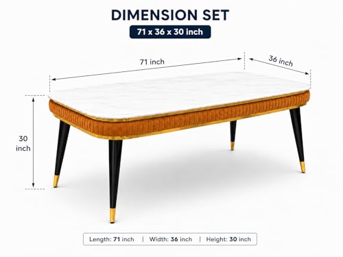 Image of WOODEN SPACE 6-Seater Wooden Dining Table Set | Nano Composite Marble Top | Solid Wood Base | Modern Dining Room Furniture with 6 Chairs (Mustard Printed)