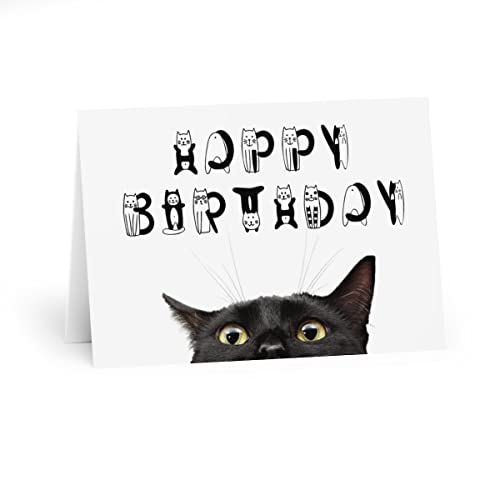 Birthday Card with Black Cat - Cute Greeting for Cat Lovers - 'Happy Birthday' Cat Font - 6 x 8 Inch