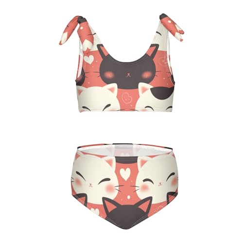 KLL Black Cat White Cute Cartoon Girls' Two Piece Bikini Set Scoop Neck Swimsuits Swimming Suits Adjustable Strap