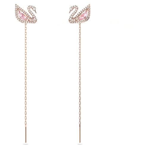 Swarovski Dazzling Swan Collection Women's Pierced Earrings, Swan Motif Pink and White Crystals with Rose-Gold Tone Plated Post and Removable Chains