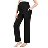 Walifrey Umstandshose Damen Weitem Bein mit Taschen, Schwangerschaft Umstandsmode Lässig Lose Gerade Bein Hosen Schwarz L