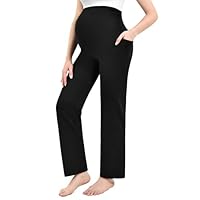 Walifrey Umstandshose Damen Weitem Bein mit Taschen, Schwangerschaft Umstandsmode Lässig Lose Gerade Bein Hosen Schwarz L