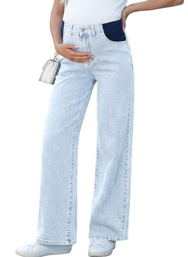 BLENCOT Womens Wide Leg Maternity Jeans Casual Office Pregnancy Pants Summer High Waisted Baggy Mom Trousers Postpartum Outfits with Pockets Beau Blue Small