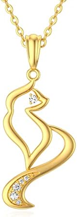WSX Solid 14k Gold Cat Necklace for Women Openwork Cat Pendant Cubic Zirconia Kitty Charm Animal Lovers Jewelry Gifts for Her