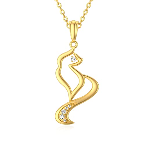 Wsx Solid 14K Gold Cat Necklace For Women Openwork Cat Pendant Cubic Zirconia Kitty Charm Animal Lovers Jewelry Gifts For Her #TOP3