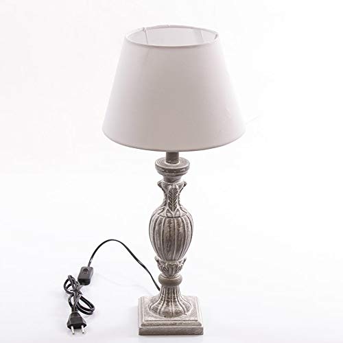 DiKasa Lampada da Tavolo Vintage in MDF con Paralume in Stoffa e PVC, Corpo Grigio Antico, A/Ø ca. 43/12 cm, Lampada da Scrivania per Camera da Letto (Lampadine Non Incluse)