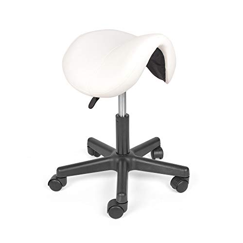 Mingone Sattelstuhl mit Rollen Rollhocker Höhenverstellbar Sattelhocker Bürohocker Ergonomisch Kosmetikstuhl Praxishocker Friseur Hocker 360 ° Drehung ，Weiß