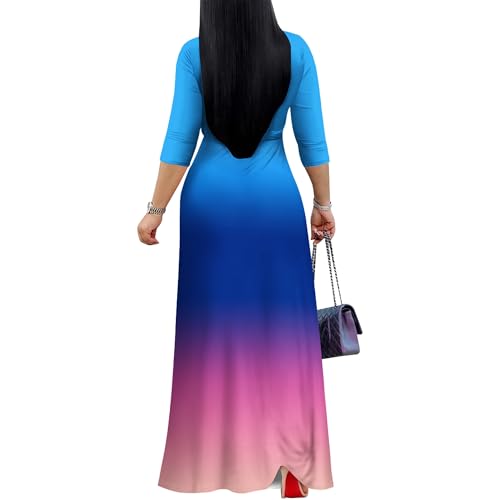Image of PinkPatty Women's Plus Size Maxi Dress Casual 3 /4 Sleeve Dress with Belt | Soft stretch feel, printed style, flowy A-line fit, v neck, waist tie, side pockets, for vacation, party and daily wear