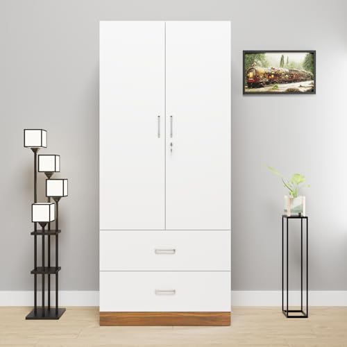 Image of VIKI Wardrobe | Wooden Almirah for Clothes,Door for Bedroom, 2 Door Wardrobe with Drawer & Hanging Space (Brussel Walnut, White - 40D x 80W x 180H) | 1 Year Warranty | Free Assembly