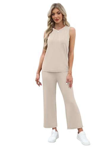 Image of WIHOLL Two Piece Sets for Women Summer Vacation Travel Outfits Pleated Tank Top Wide Leg Crop Pants Matching Lounge Sets