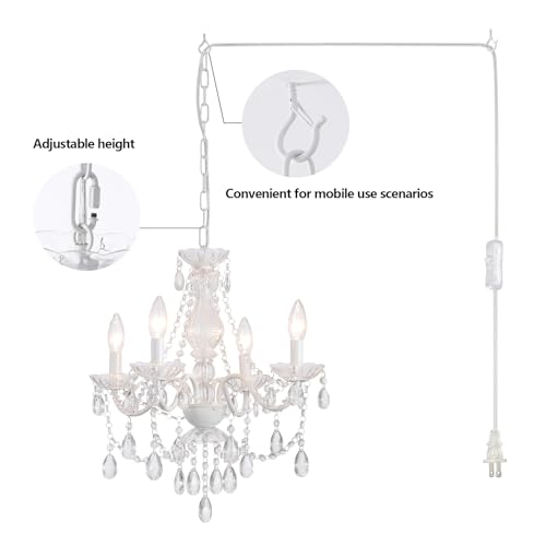 Plug in Crystal Ceramic White Chandelier, Glass Chandeliers,White crystal Hanging Pendant Light with Clear Cord and On/Off, 4 Light Crystal Chandelier for wedding, Kitchen, Dining,Foyer, Mini room by AMZASA - Image 2