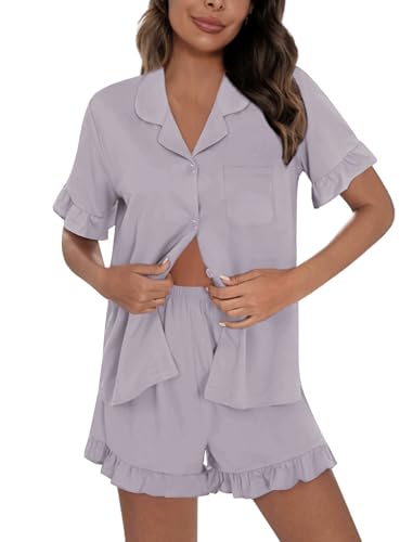 Image of SWOMOG Woman Pajama Set Short Sleeve Pjs Set 2Pcs Short Pajamas Button Down Ruffle Hem Sleepwear Soft Modal Loungewear